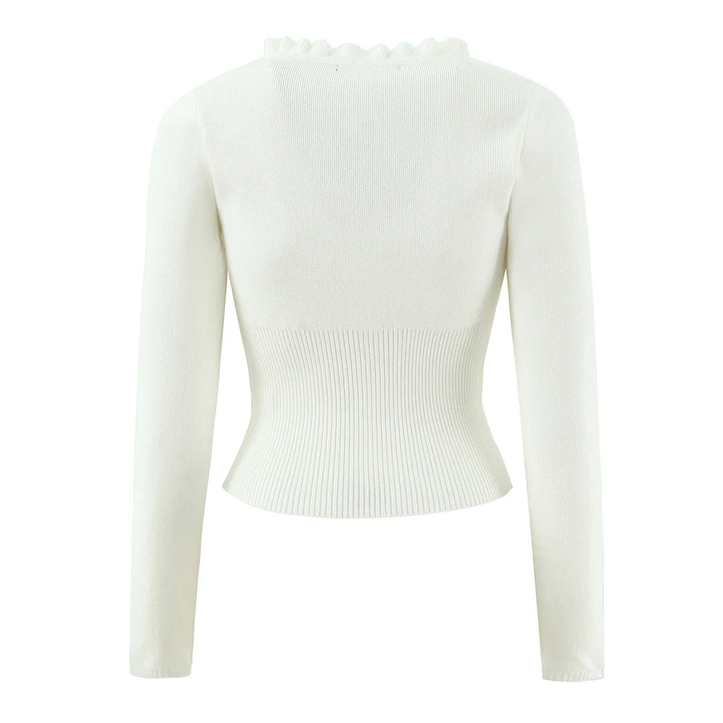 Lacing Up Bow Woodears O neck Open Buttons Through Crop Pointelle Knitted Cardigan Sweater Woman Jumper Knitwear