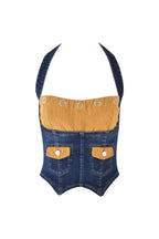 L Corduroy Panel Denim Halter Bustier Top + Flare Jeans