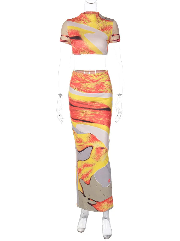 Beach Print Set With Crop Top And Long Dress
