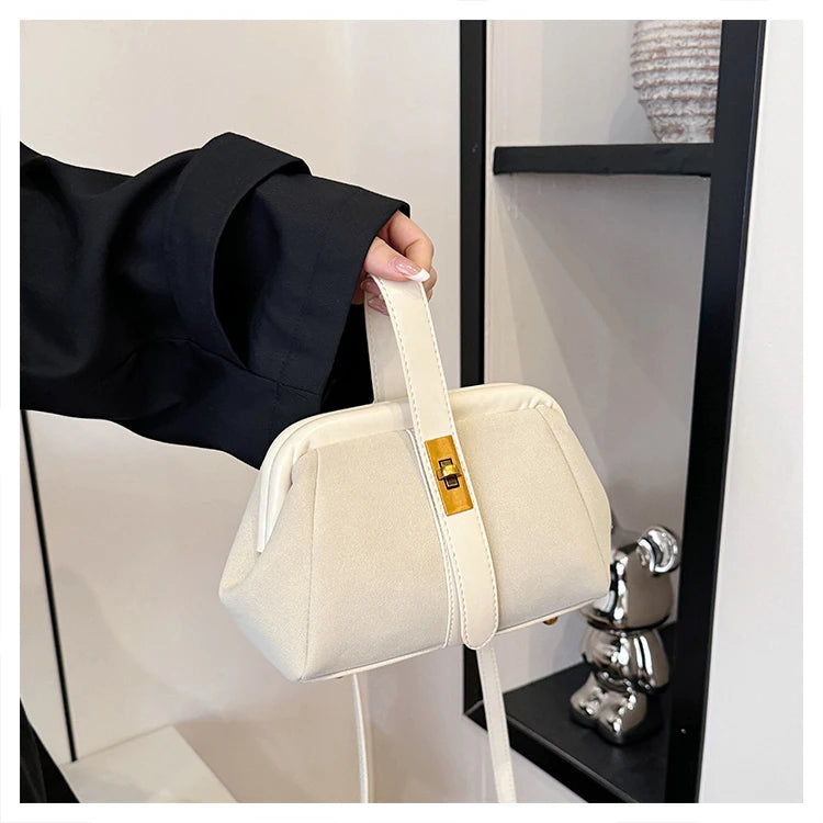 Luxe Faux Suede Frame Shoulder Bag With PU Accent Elegant Crossbody