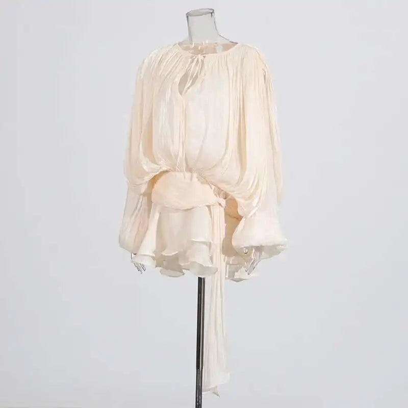 Lace Up V Neck Mini Dress For Women Long Sleeve