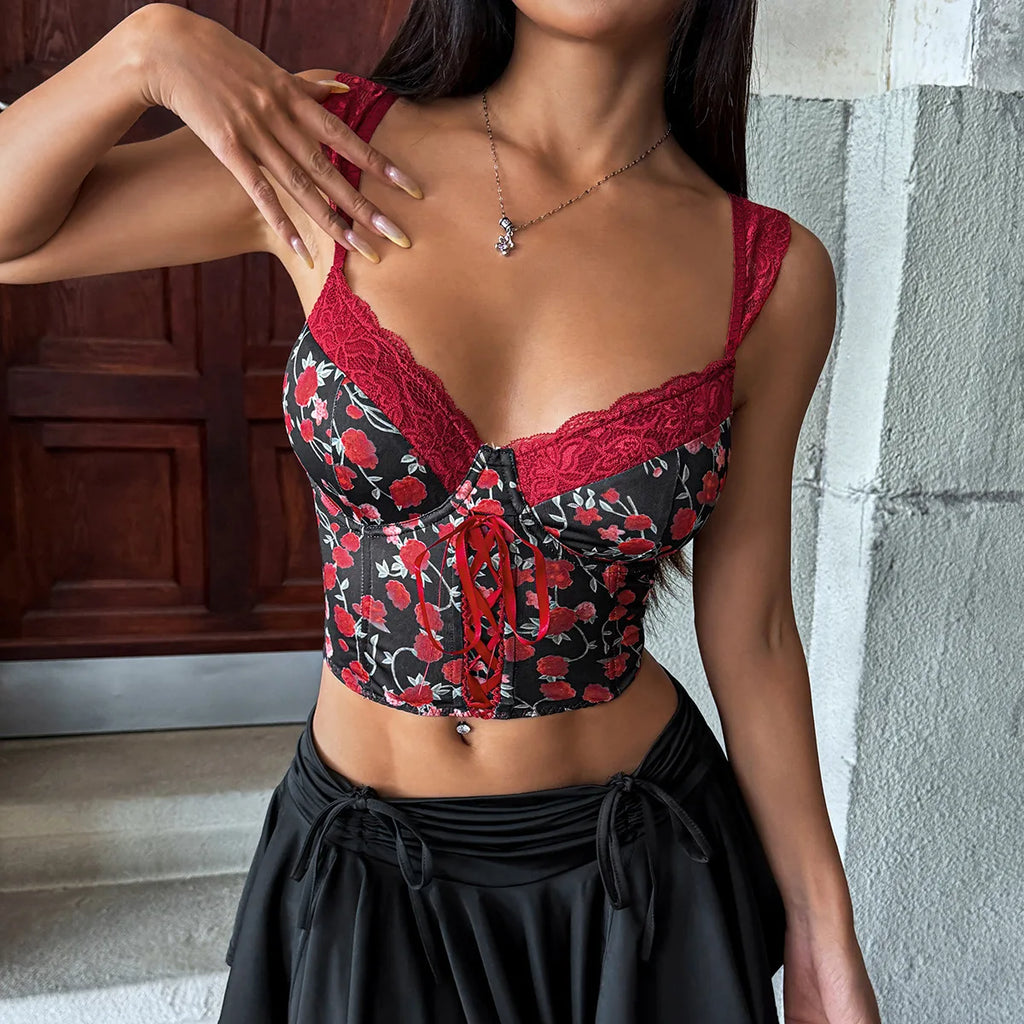 Floral Cami Top With Lace Trim Underwire Bandage Fishbone Backless Corset