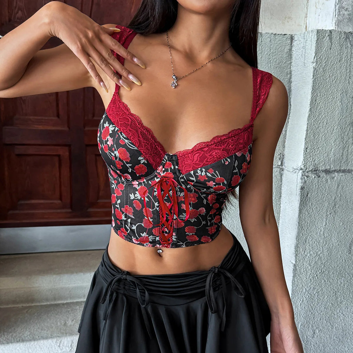 Floral Cami Top With Lace Trim Underwire Bandage Fishbone Backless Corset