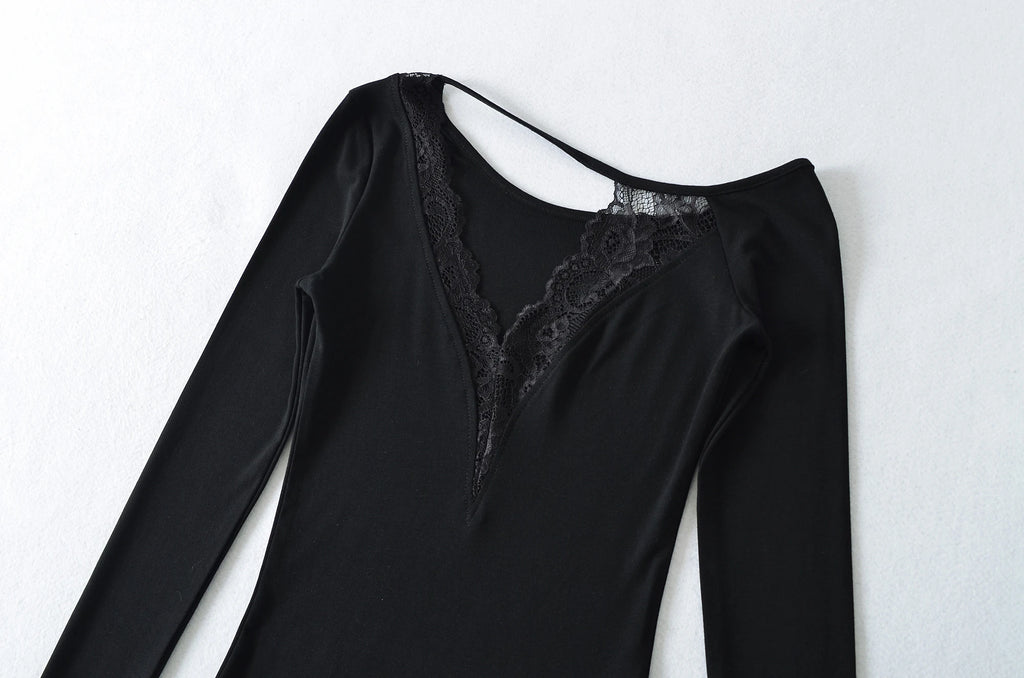 Lace Splice Long Sleeve Vneck Top For Night Out Chic