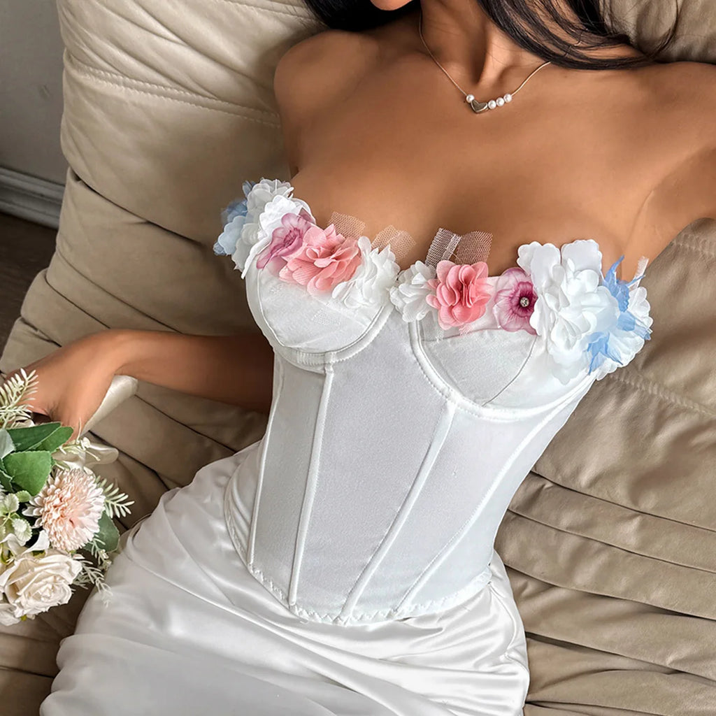 White Off Shoulder Corset Top With Three Dimensional Floral Details
