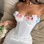 White Off Shoulder Corset Top With Three Dimensional Floral Details