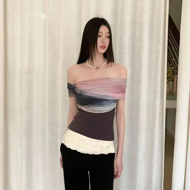 Bold Tie Dye Mesh Crop Top With Slash Neck And Patchwork