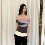 Bold Tie Dye Mesh Crop Top With Slash Neck And Patchwork