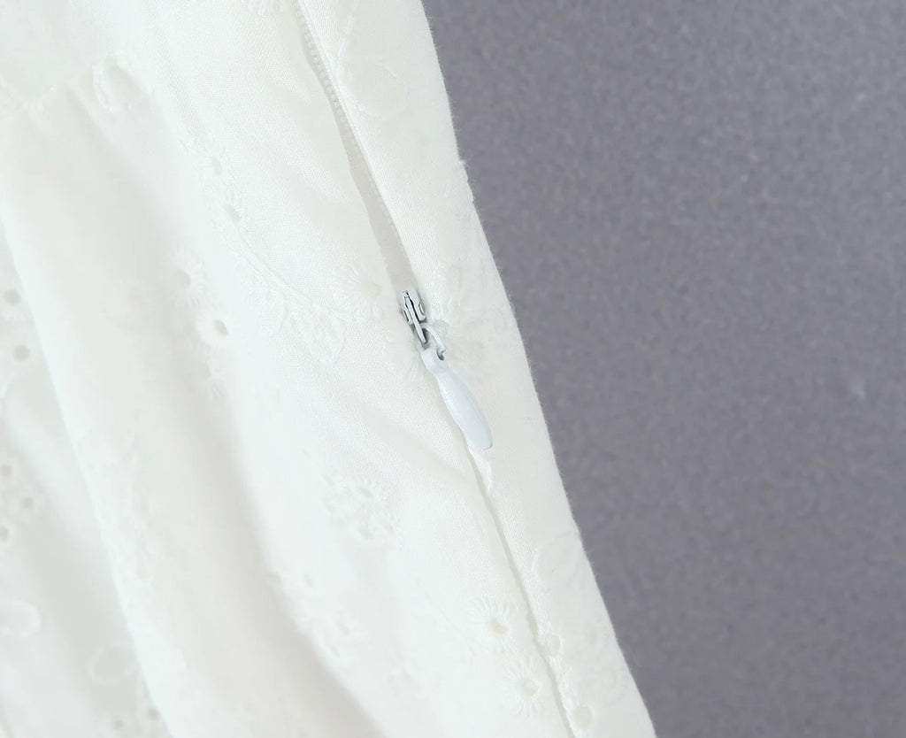 White Embroidered Lace V Neck Mini Dress With Hollow Out Detail And Back Zipper Closure