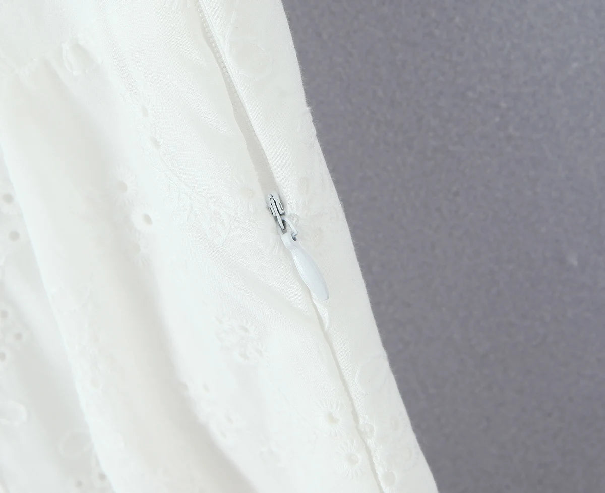 White Embroidered Lace V Neck Mini Dress With Hollow Out Detail And Back Zipper Closure