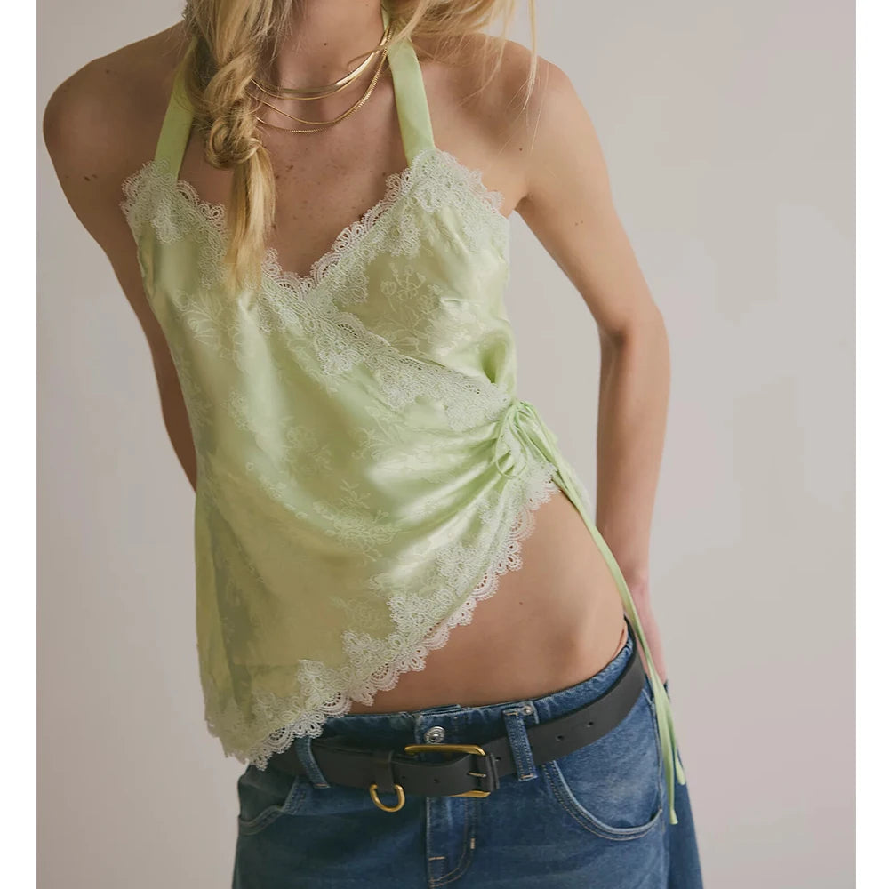Coquette Aesthetic Satin Lace Trim Sleeveless Backless Asymmetrical Camisole Tanks