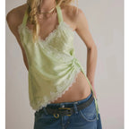 Coquette Aesthetic Satin Lace Trim Sleeveless Backless Asymmetrical Camisole Tanks