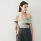 Bold Tie Dye Mesh Crop Top With Slash Neck And Patchwork