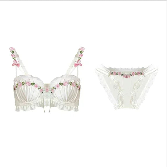 Retro Embroidered Luxurious Silk Satin Underwear Lace Sexy Top & Bra Set