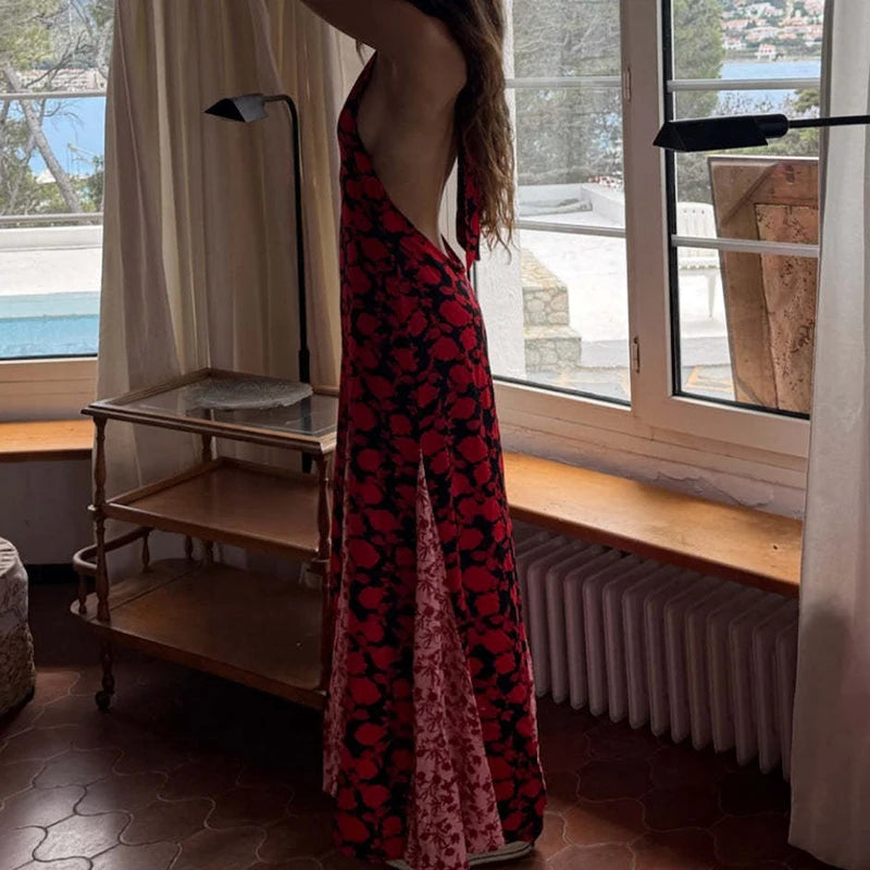 Bohemian Backless Halter Dress With Floral Print And Hollow Detailing