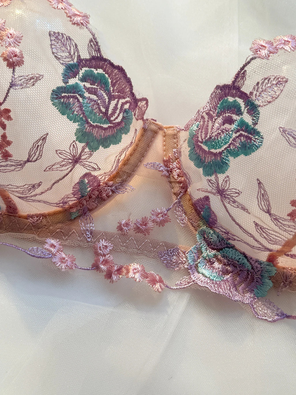 Pastel Pink Embroidered Bra And Panties Set With Steel Ring