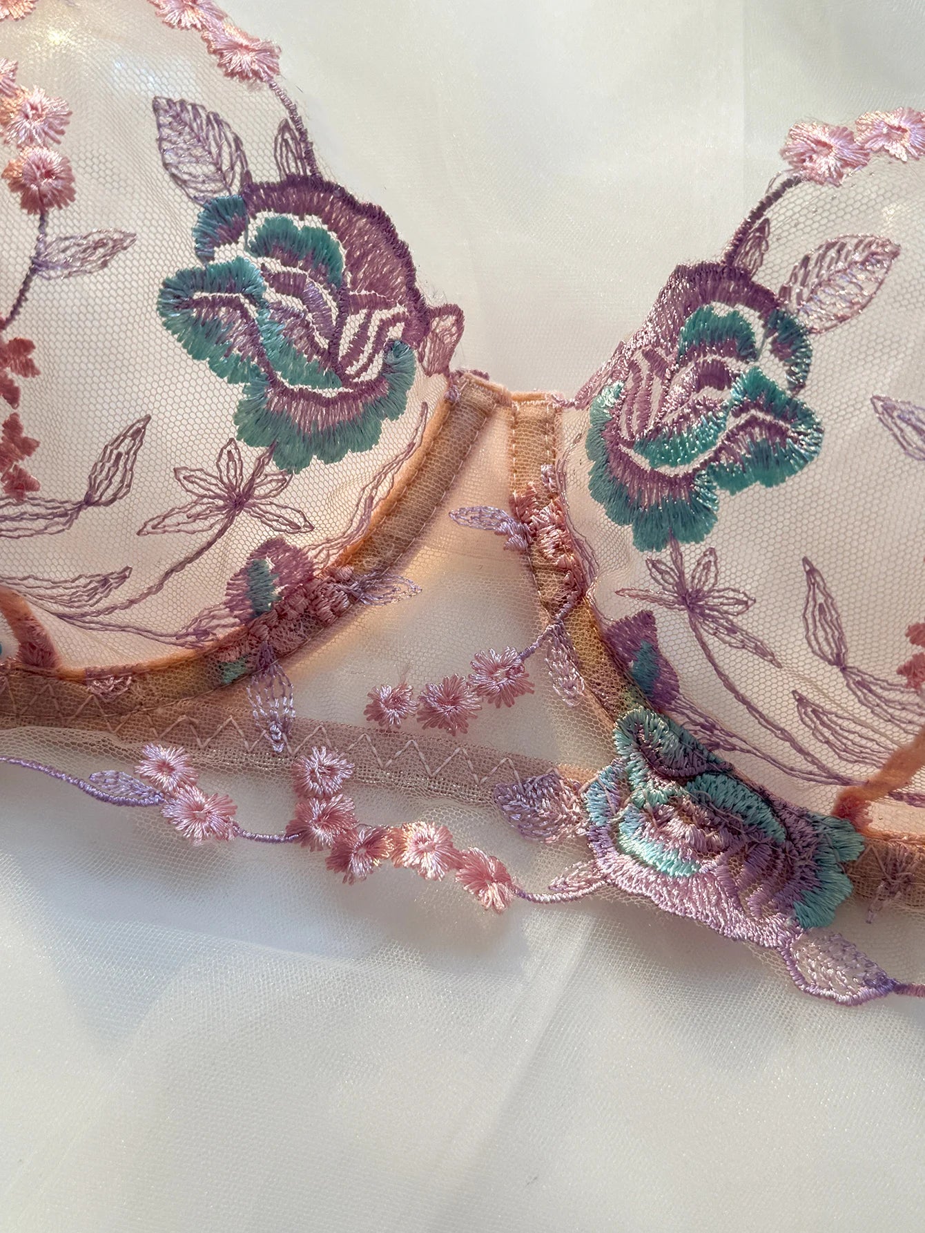 Pastel Pink Embroidered Bra And Panties Set With Steel Ring