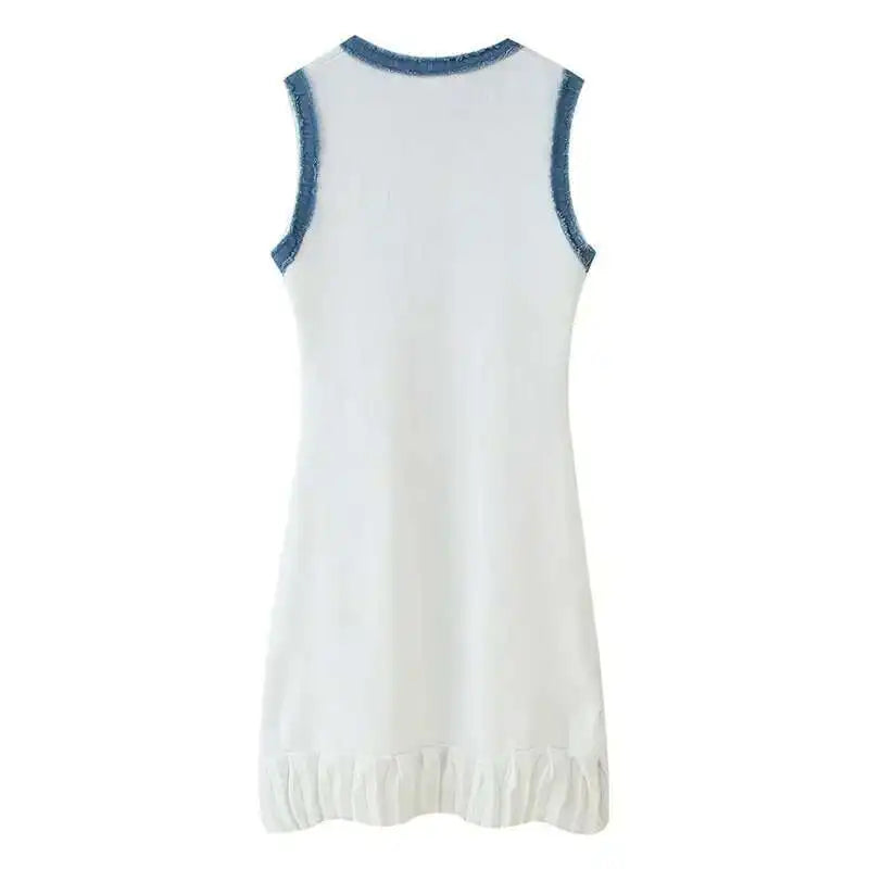 Patchwork Knit Mini Dress With Pleated Detail Round Neck Sleeveless