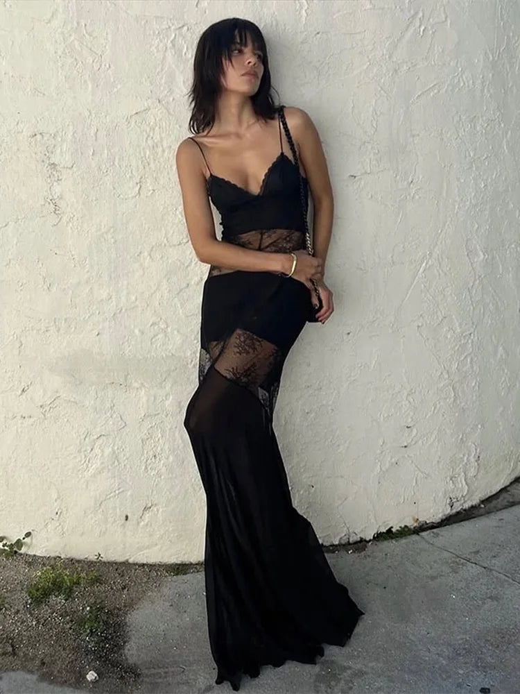 Lace See Through Sling Maxi Dress Evening