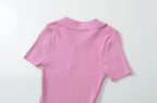 Knit Turn Down Collar Pullover For Women Slim Stretch Short Sleeve Top