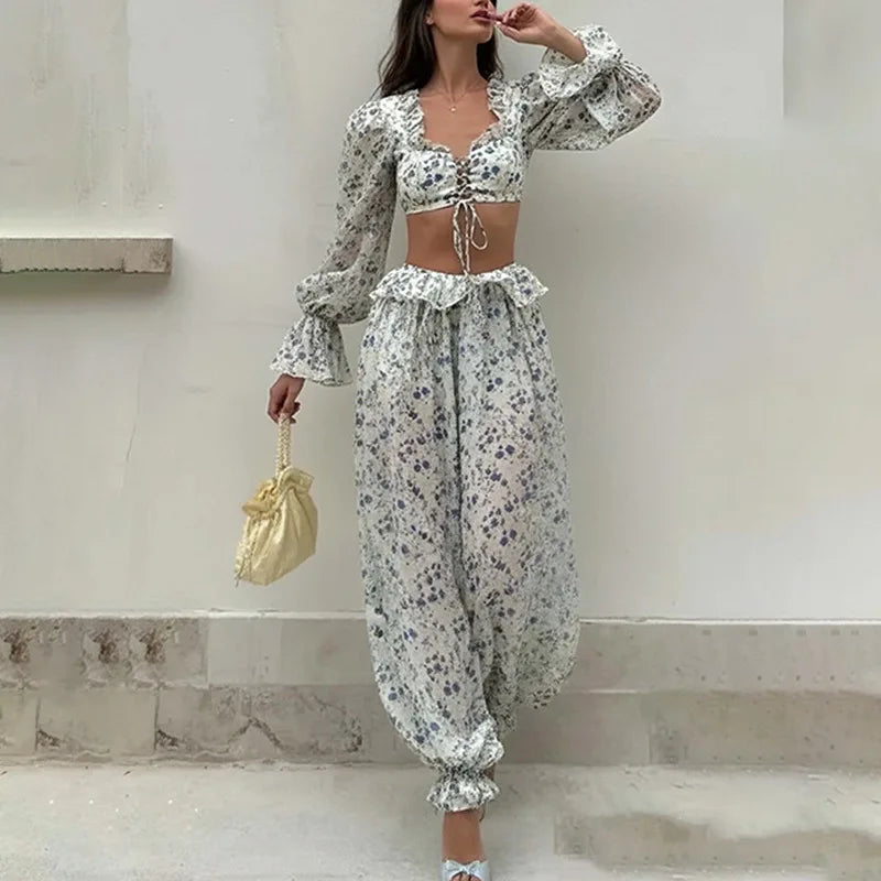 Breezy Ruffle Set With Lightweight Top And Flowing Trousers Casual Style