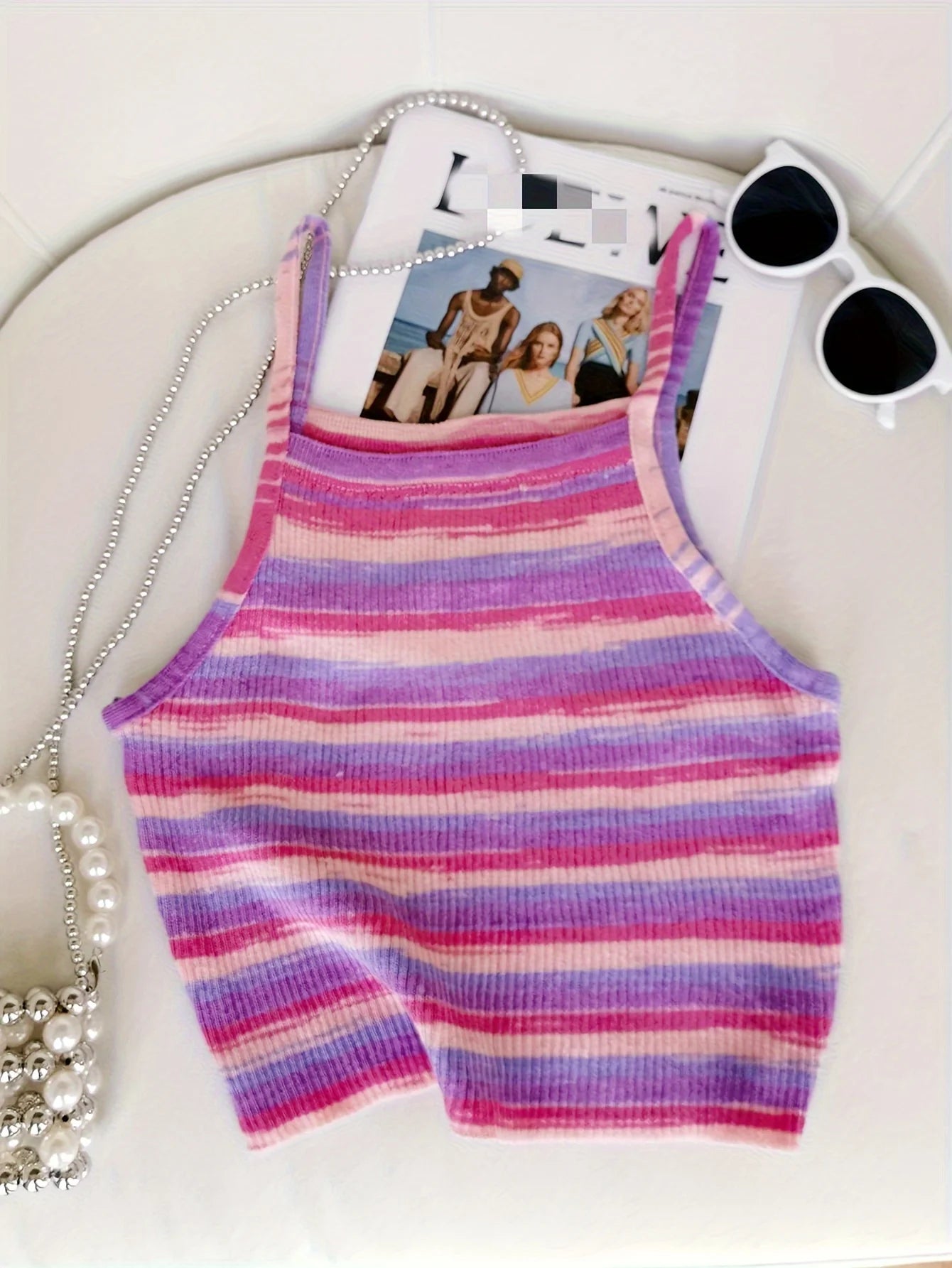 Striped Ribbed Knit Cami Top With Square Neck Sleeveless Rainbow Crop