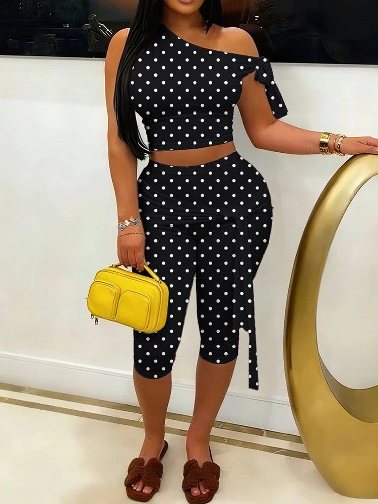 Polka Dot One Shoulder Crop Top Set With Tie Waist Capri Leggings
