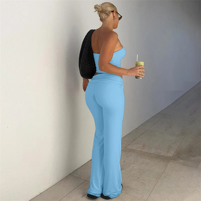 Strapless Crop Top And High Waist Ruched Flare Pants Set