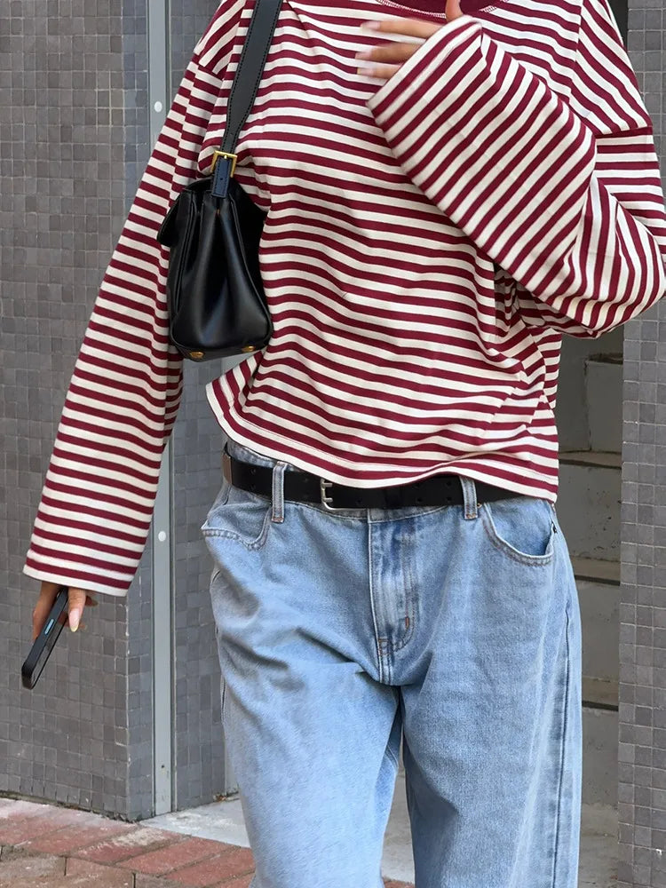 Stripe Patchwork Long Sleeve Tee for Casual Streetwear and Everyday