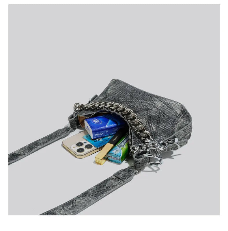 Denim Daydream Shoulder Bag With Chain Accent