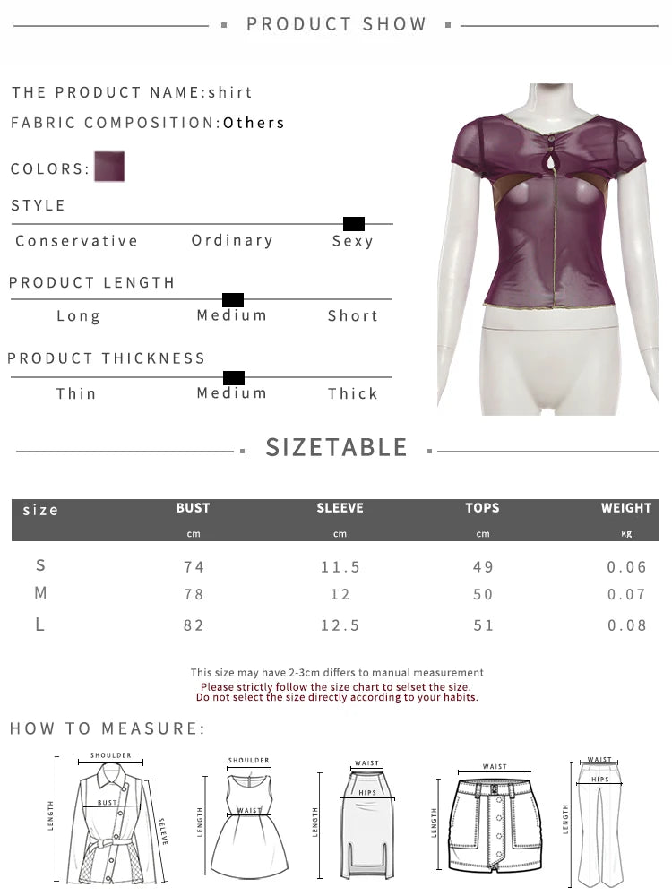 Sexy Mesh Patchwork Button o-Neck Mini Sleeve Top
