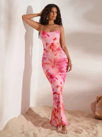 Ladies Off Shoulder Mermaid Dress With Pink Floral Print Sleeveless Ankle Length