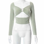 Hollow Out V Neck Ribbed Backless Crop Top With Long Sleeves And Square Collar