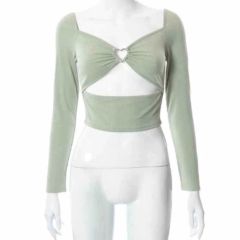 Hollow Out V Neck Ribbed Backless Crop Top With Long Sleeves And Square Collar