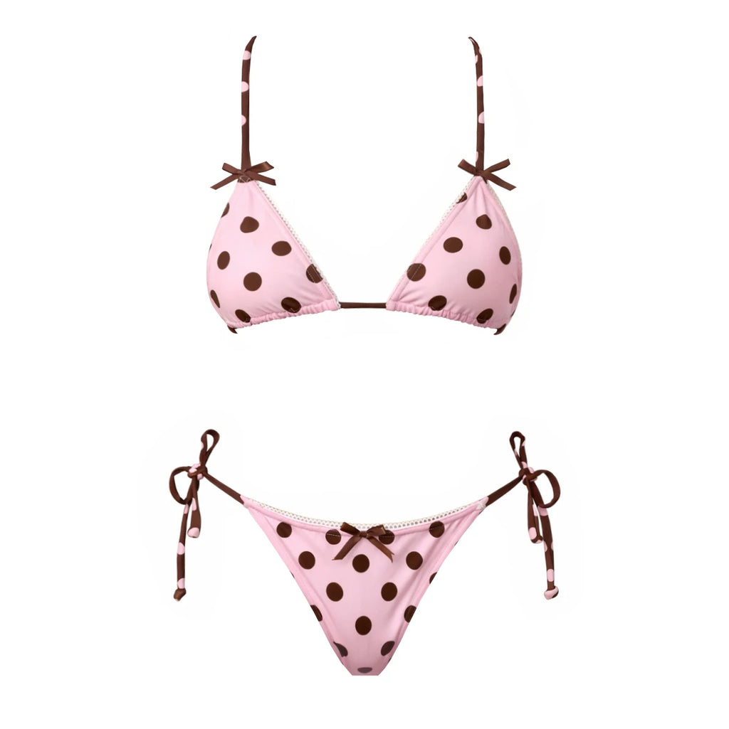 Flirty Pink Dot Push Up Bikini Set With Mesh Skirt Halter Beachwear For Summer Vibe