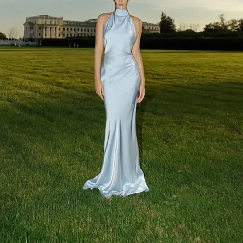 Satin Halter Backless Maxi Dress With Ribbon Tie Sleeveless Evening Gown