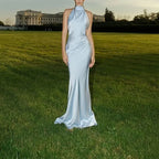 Satin Halter Backless Maxi Dress With Ribbon Tie Sleeveless Evening Gown
