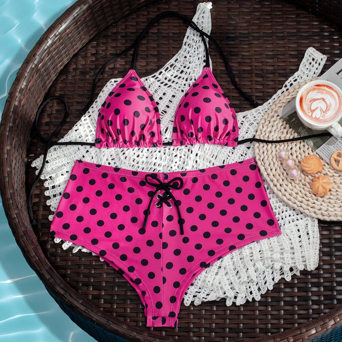 Hot Pink Polka Dot Bikini Set With Halter Top Push Up Detail High Waist Bottom Swimwear