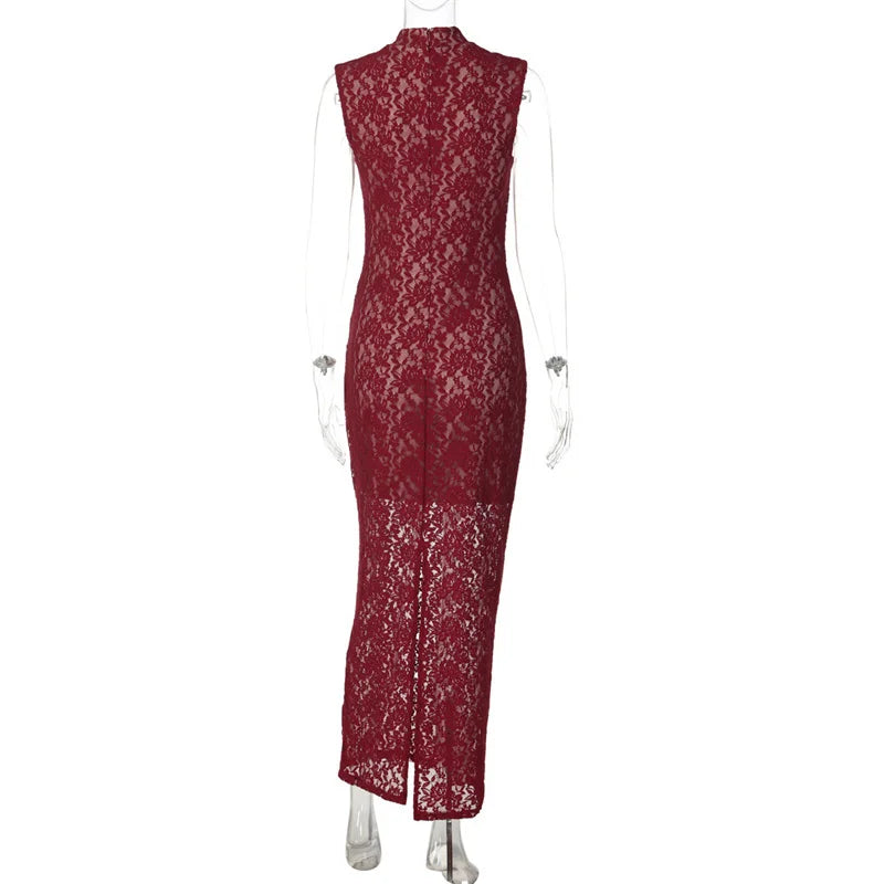 Elegant Lace Sleeveless Maxi Dress With Hollow Out Split