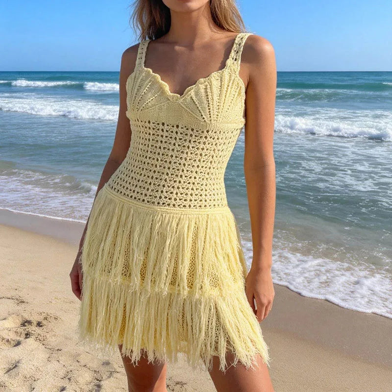 Backless High Waist Knit Mini Dress With Tassel Details