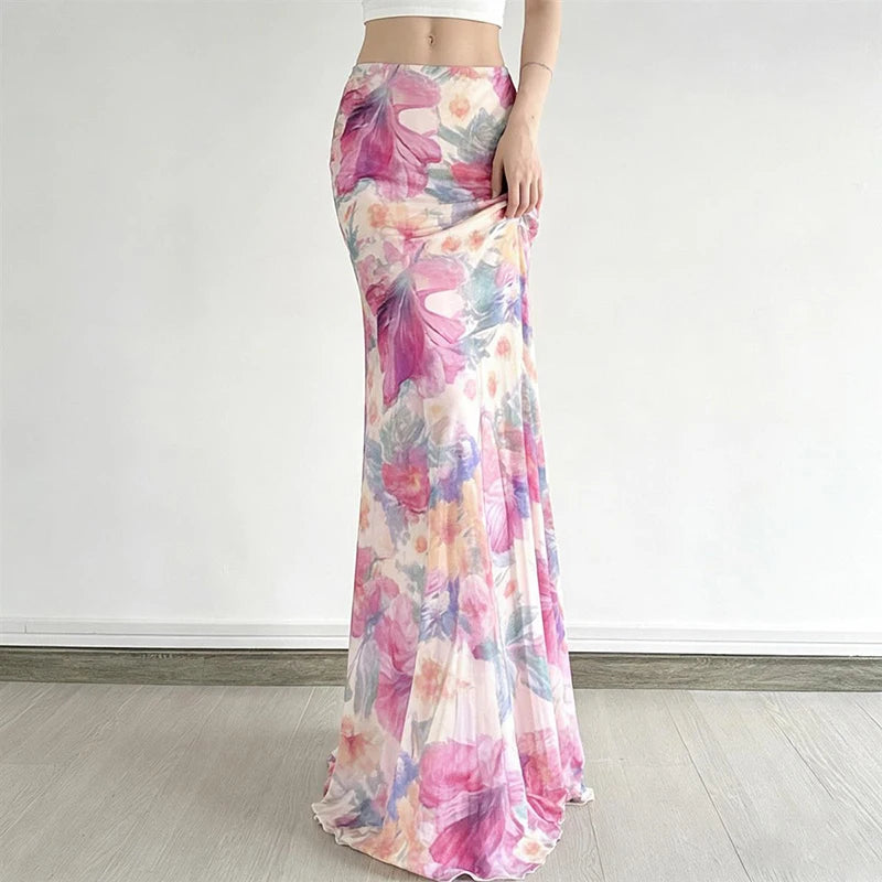 Bohemian Mesh Floral Maxi Skirt For Women Elegant High Waist