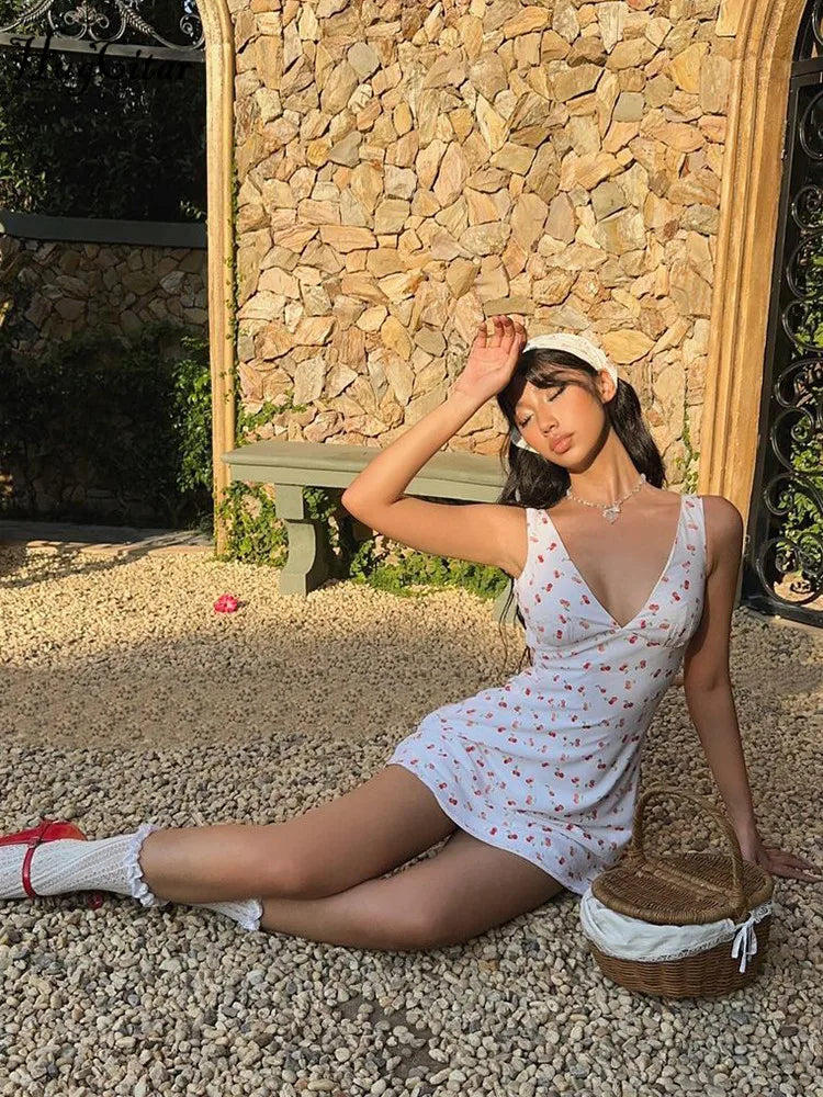 Cherry Print Straps Backless Draped Mini Dress