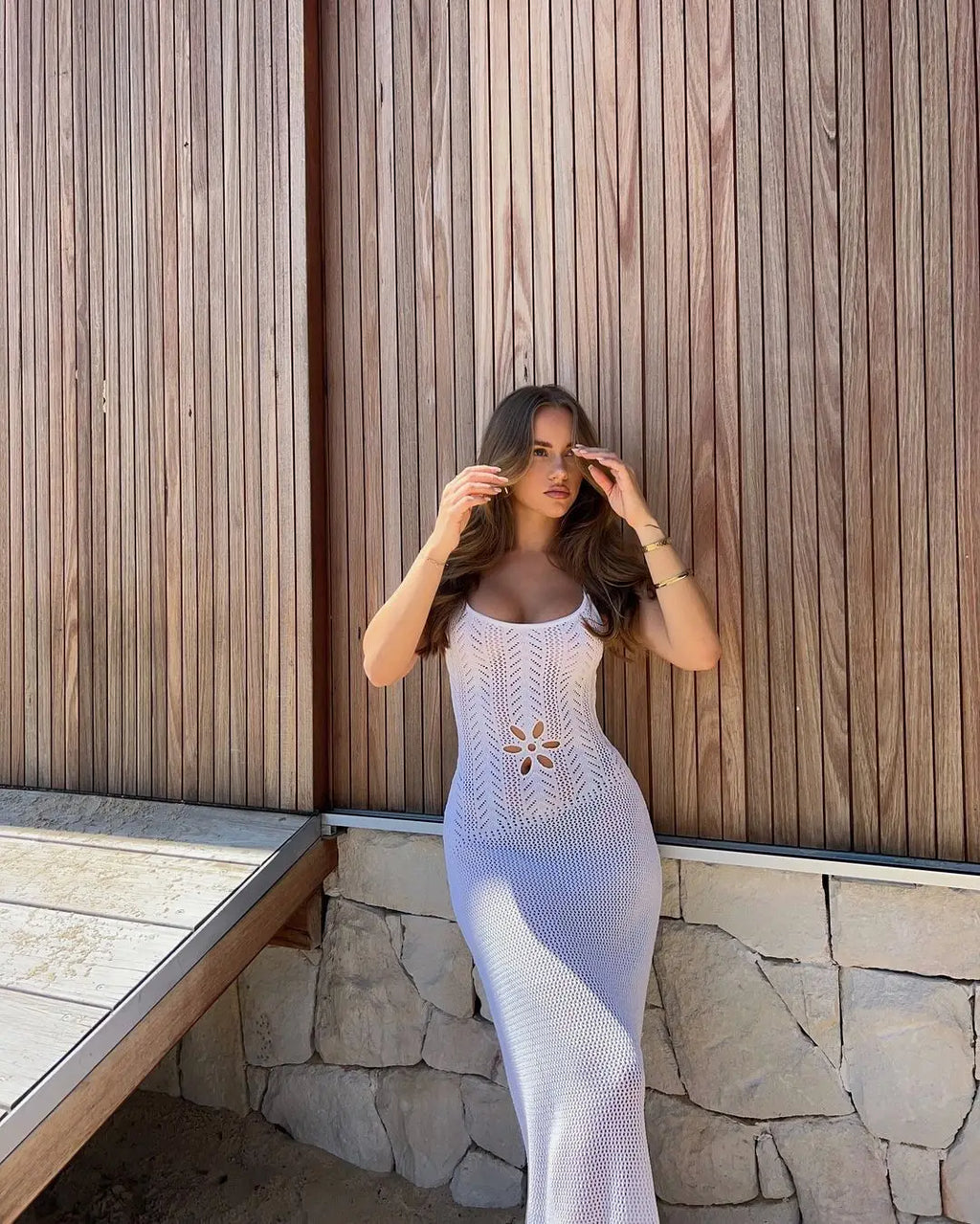 Floral Knit Strap Maxi Dress Backless Beach Cover Up For Summer Vacation And Resort Style