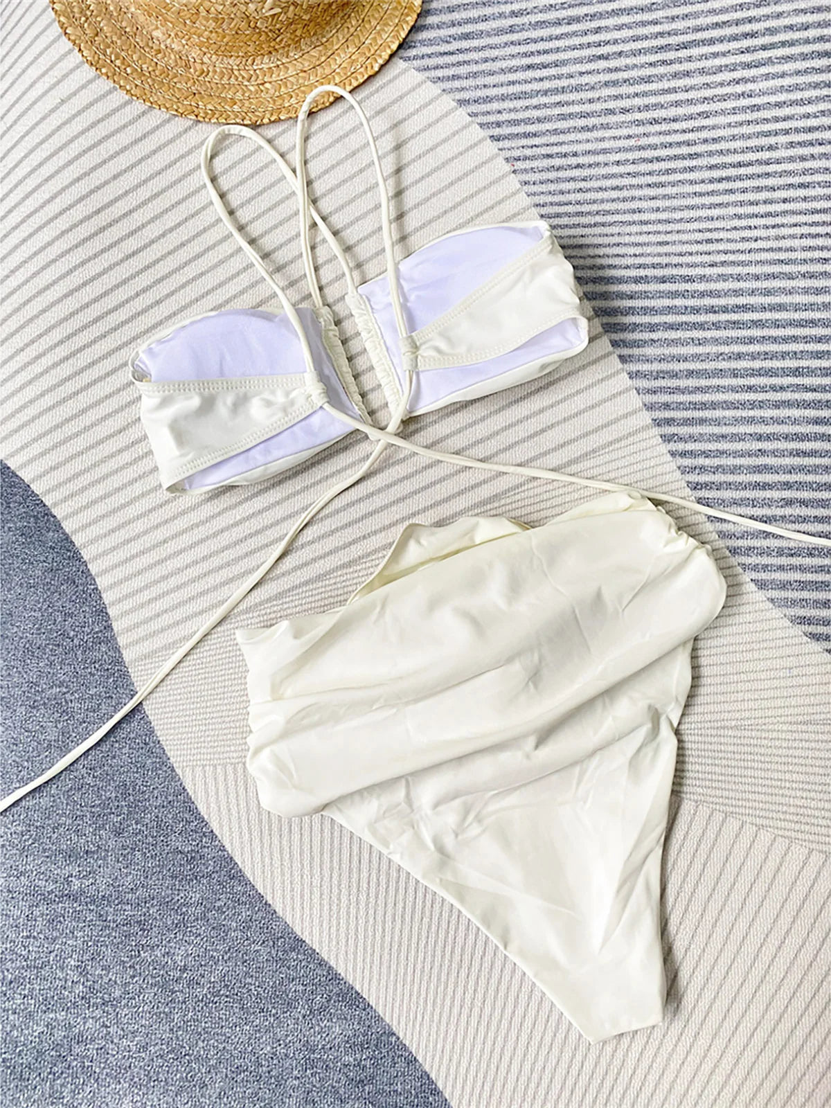 Floral 3D Detail Bikini Swimsuit With High Waist And Wrinkled Texture For Beach Days