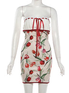 Ribbon Bow Women Lace Patchwork Art Print Folds Mini Body-con Dress