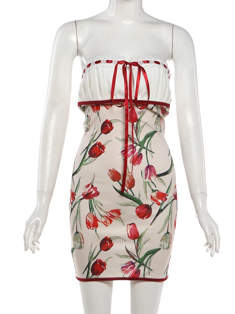 Ribbon Bow Women Lace Patchwork Art Print Folds Mini Body-con Dress