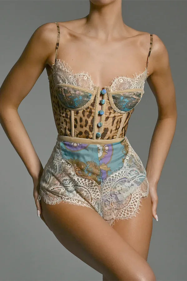 Leopard Patchwork Lace Jumpsuit With Spaghetti Straps