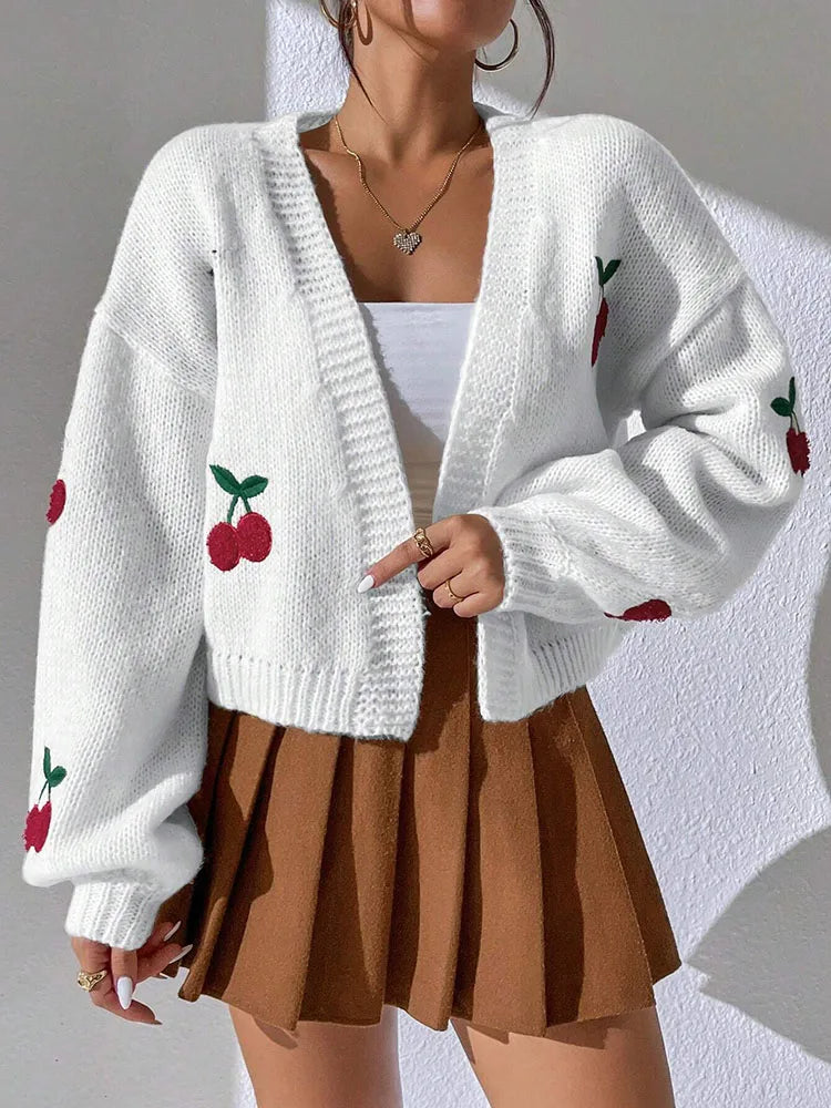 Cozy Cherry Embroidered Off Shoulder Cardigan For Women Loose Knit Jacket Sweater