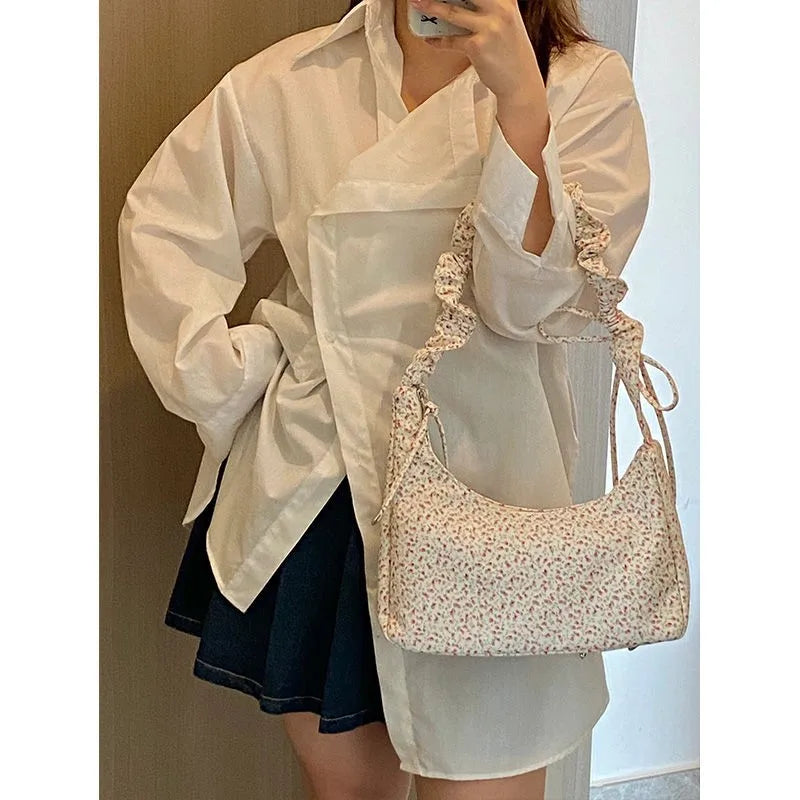 Fairycore Floral Canvas Shoulder Bags With Drawstring