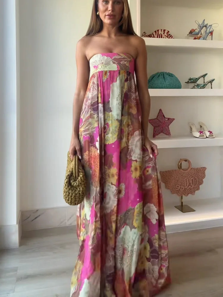 Printed Strapless Maxi Dress Elegant Off Shoulder Backless Gown High Waist